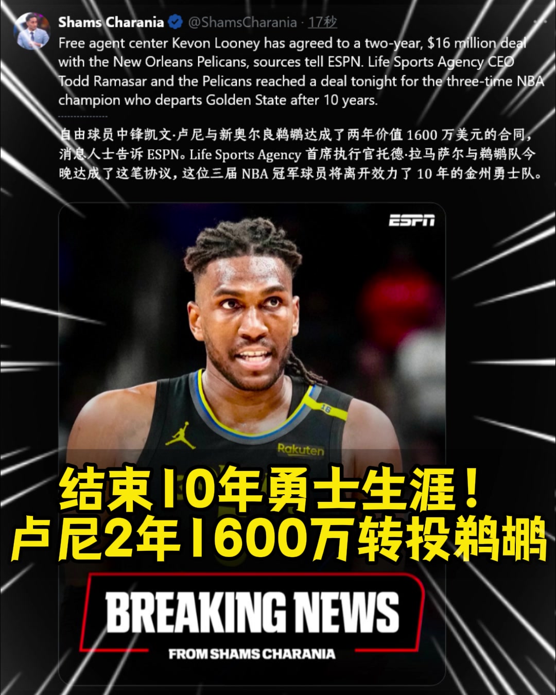 勇士的冠軍中鋒離隊(duì)Shams盧尼2年1600萬簽約鵜鶘